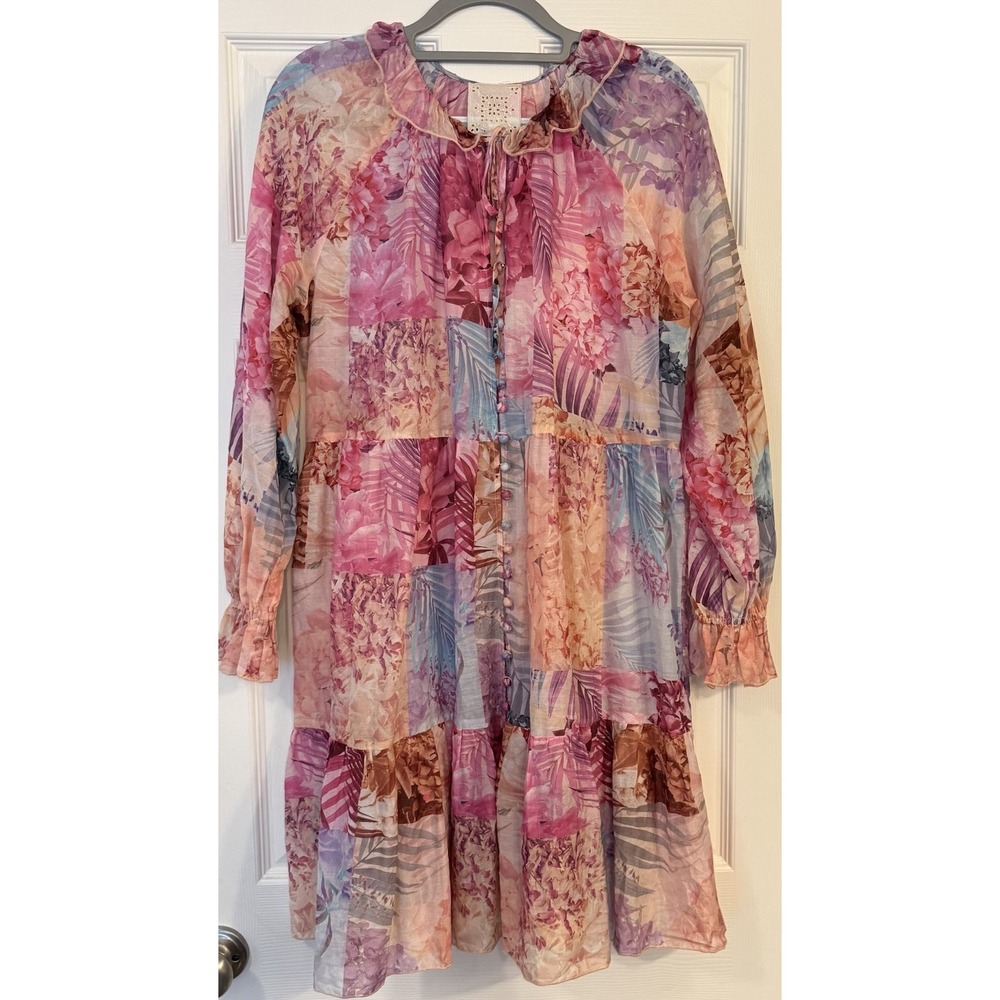 Johnny Was Silk Blend Dress MED Mini Pink Floral Semi-sheer Ruffle Patchwork EUC - Picture 2 of 16